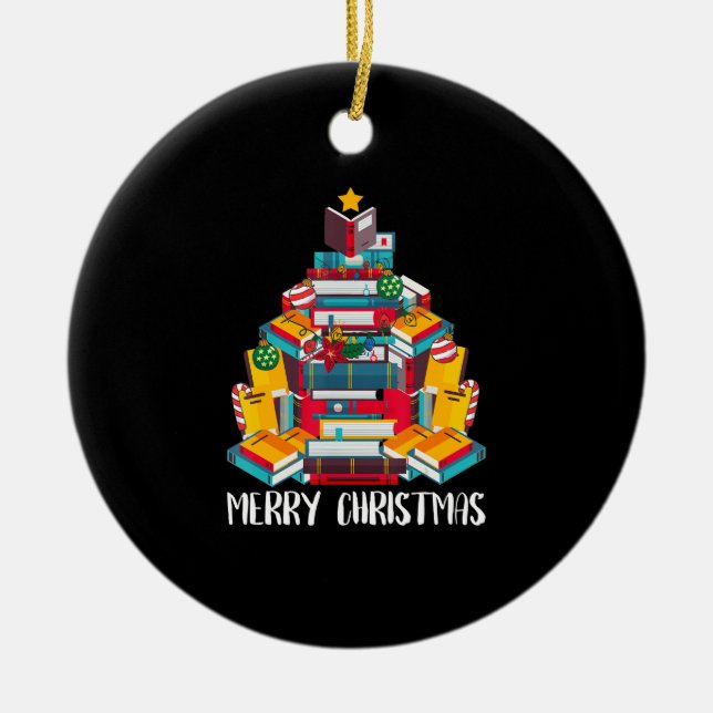 book christmas tree librarian gift reading ceramic tree decoration (Front)
