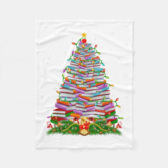 Book Christmas Tree Lights Book Lover Teacher Libr Fleece Blanket (Front)