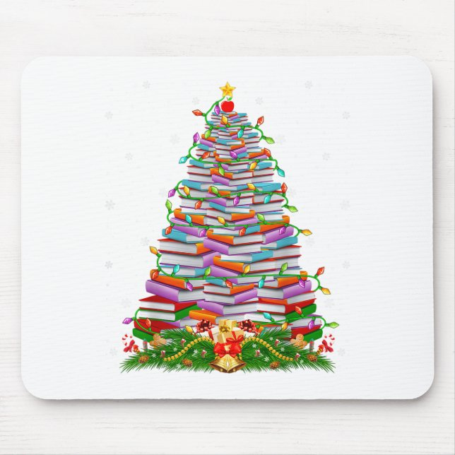 Book Christmas Tree Lights Book Lover Teacher Libr Mouse Pad (Front)
