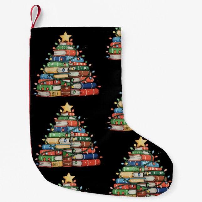 Book Christmas Tree Lights Teacher Librarian Read Small Christmas Stocking (Front)