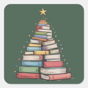 Book Christmas Tree Retro Bookworm Library Square Sticker