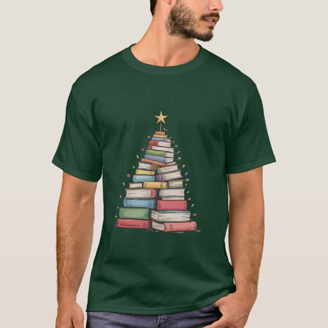 Book Christmas Tree Retro Bookworm Library  T-Shirt (Front)