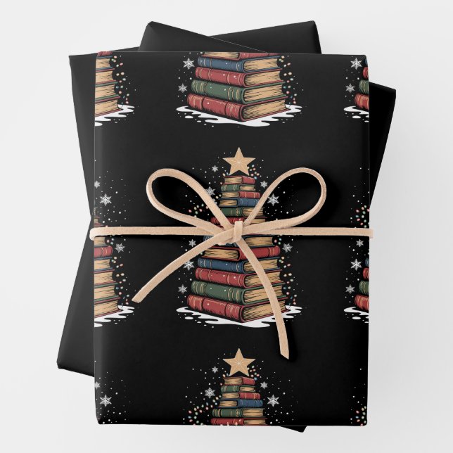 Book Christmas Tree Teacher Librarian Xmas Holiday Wrapping Paper Sheet (In situ)