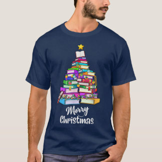 Book Christmas Tree Xmas Lights Librarian Merry Ch T-Shirt