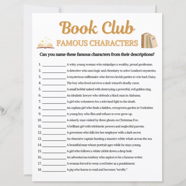 Book Club Famous Characters Game (Front)