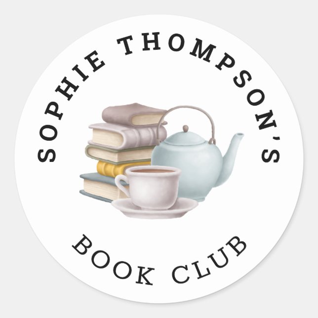 Book Club Name Tea Pot Cup Books Illustration Classic Round Sticker (Front)