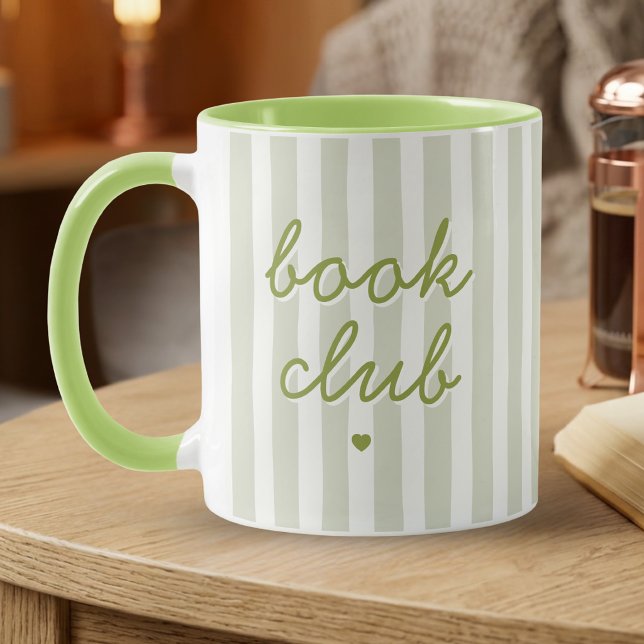 Book Club Script Quote Sage Striped Heart Coffee  Mug (Creator Uploaded)