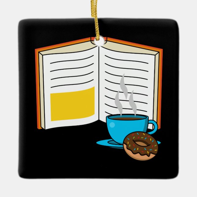 Book Coffee and Doughnut Cartoon Ceramic Ornament (Front)