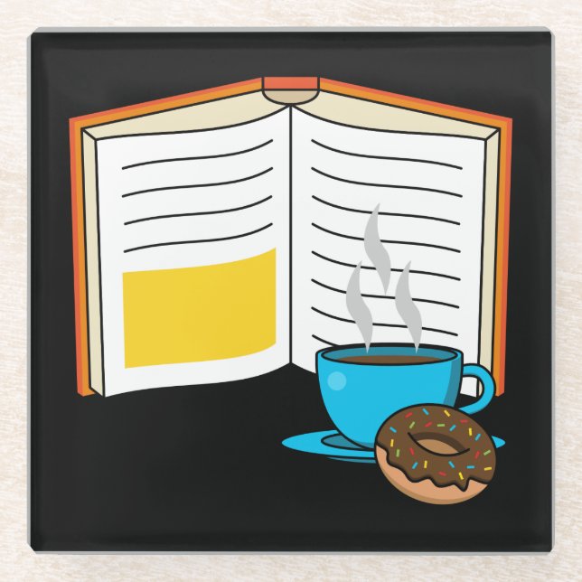 Book Coffee and Doughnut Cartoon Glass Coaster (Front)