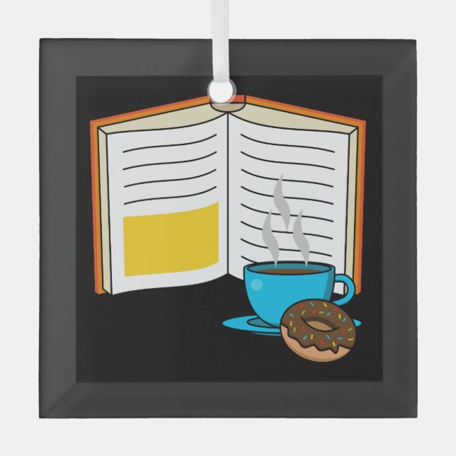 Book Coffee and Doughnut Cartoon Glass Tree Decoration (Front)