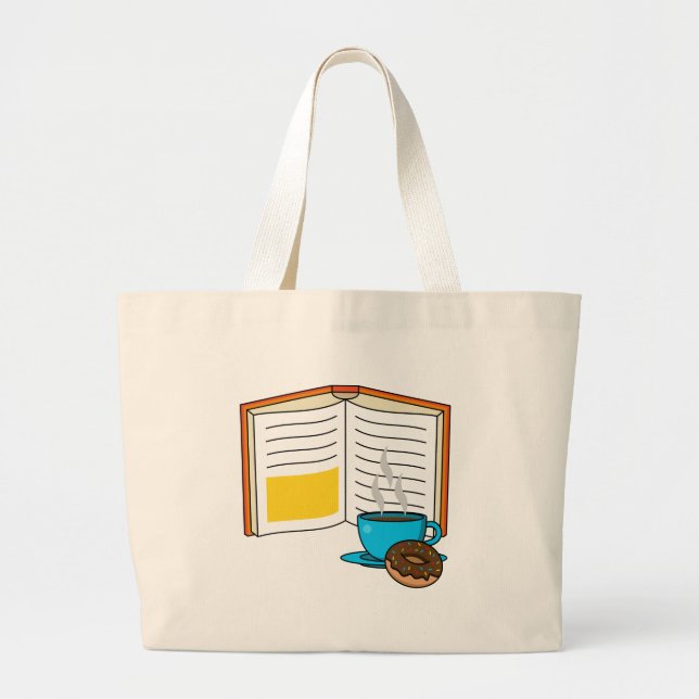 Book Coffee and Doughnut Cartoon Large Tote Bag (Front)