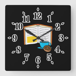 Book Coffee and Doughnut Cartoon Square Wall Clock