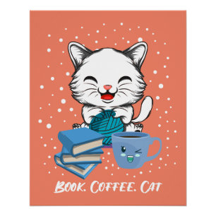 Book Coffee Cat Glossy Poster