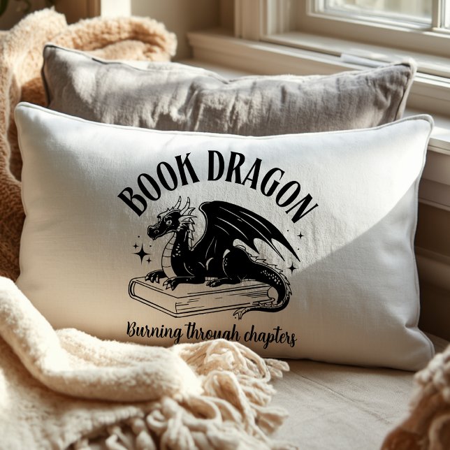 Book Dragon Fantasy Reader Black and White Lumbar Cushion (Creator Uploaded)