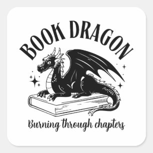 Book Dragon Fantasy Reader Black and White Square Sticker