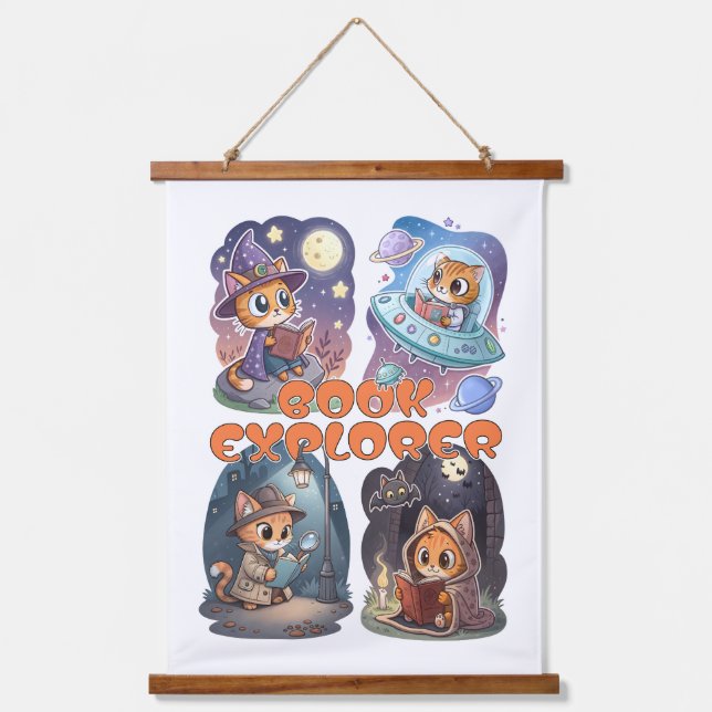 Book Explorer – Cute Cat Reading Adventure Hanging Tapestry (Front)