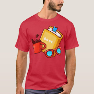 Book Eyeglasses And Cup Of Coffee Cartoon T-Shirt