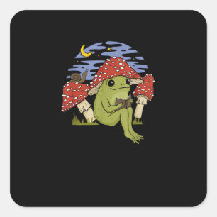 Book Fan Frog With Mushroom Hat Cottagecore Goblin Square Sticker