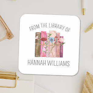 Book Flower Pink From the Library of Bookplate Square Sticker