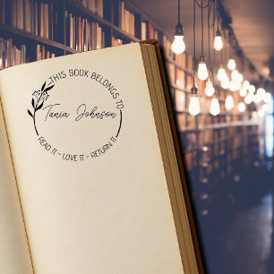 Book library bookplate Custom floral wreath modern Rubber Stamp