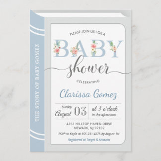 Book Library Building Baby Boy Shower Light Blue Invitation