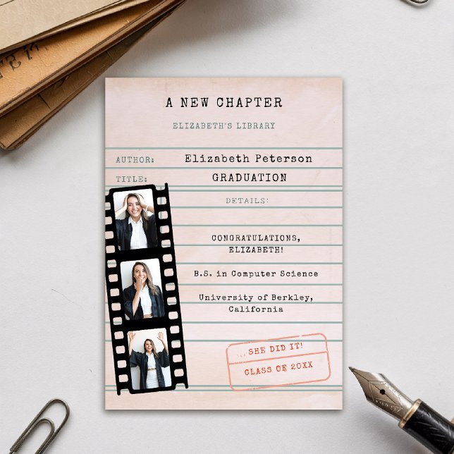 Book Library Card 3 Photos Graduation Announcement (graduation announcement vintage library card film strip 3 photos bookish bookworm book lover)