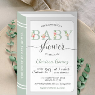 Book Library Sage Green Gender Neutral Baby Shower Invitation