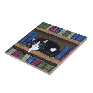 Book Love | Cat Sleeping on Bookcase Tile