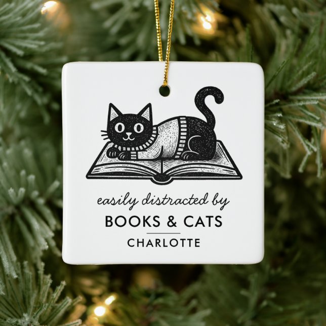 Book Lover Black Cat Funny Saying Custom Ceramic Ornament (Tree)