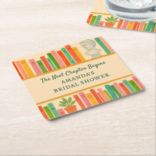 Book Lover Bridal Shower   Chic Fun "New Chapter"  Square Paper Coaster