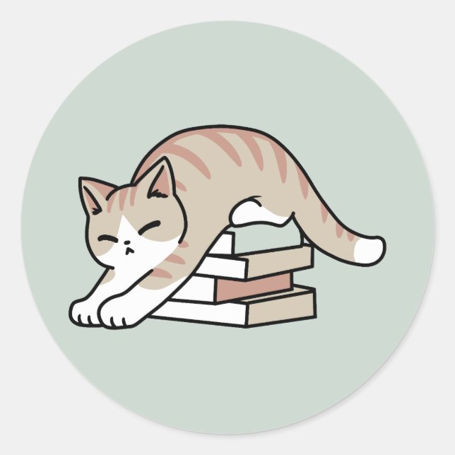 Book Lover Cat Illustration - Curled Up & Cosy Classic Round Sticker (Front)