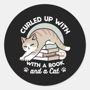 Book Lover Cat Illustration - Curled Up & Cosy Classic Round Sticker