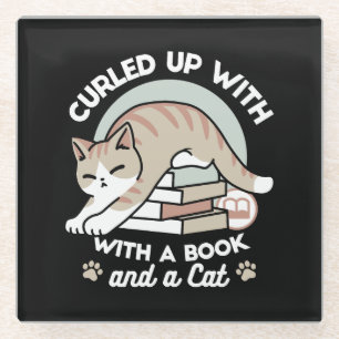 Book Lover Cat Illustration - Curled Up & Cosy Glass Coaster