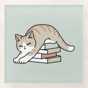 Book Lover Cat Illustration - Curled Up & Cosy Glass Coaster