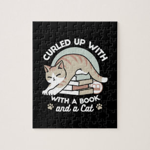 Book Lover Cat Illustration - Curled Up & Cosy Jigsaw Puzzle