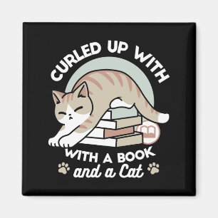 Book Lover Cat Illustration - Curled Up & Cosy Magnet