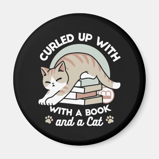 Book Lover Cat Illustration - Curled Up & Cosy Magnet (Front)