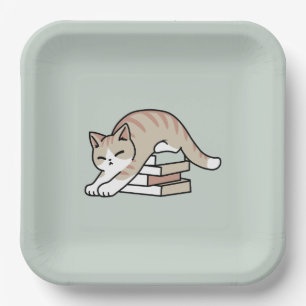 Book Lover Cat Illustration - Curled Up & Cosy Paper Plate