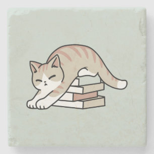 Book Lover Cat Illustration - Curled Up & Cosy Stone Coaster