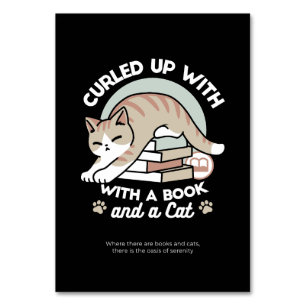 Book Lover Cat Illustration - Curled Up & Cosy Table Number