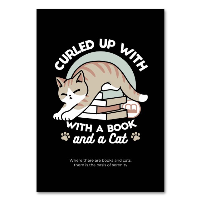 Book Lover Cat Illustration - Curled Up & Cosy Table Number (Front)