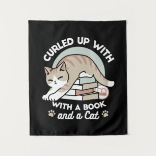 Book Lover Cat Illustration - Curled Up & Cosy Tapestry