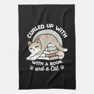Book Lover Cat Illustration - Curled Up & Cosy Tea Towel