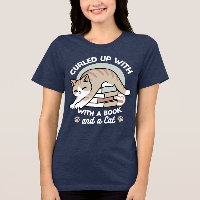 Book Lover Cat Illustration - Curled Up & Cosy Tri-Blend Shirt (Front)