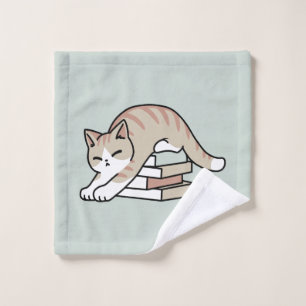 Book Lover Cat Illustration - Curled Up & Cosy Wash Cloth