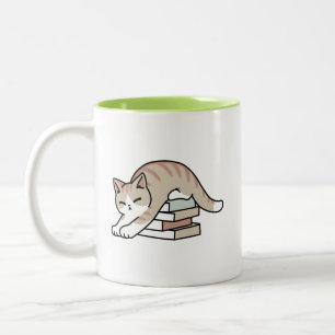 Book Lover Cat Illustration - Curled Up & Cozy Two-Tone Coffee Mug