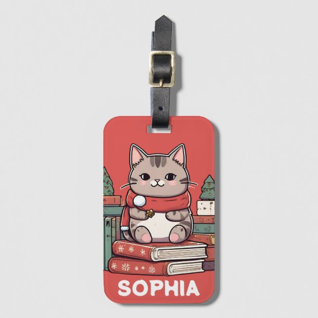 book lover cat lover luggage tag (Front Vertical)