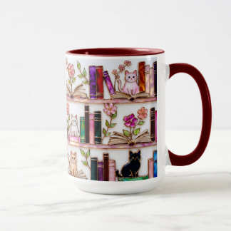 Book Lover Cat Mug Floral Bookshelf Gift