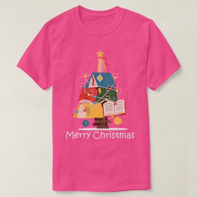 Book Lover Christmas Tree Bookworm Librarian Merry T-Shirt (Design Front)