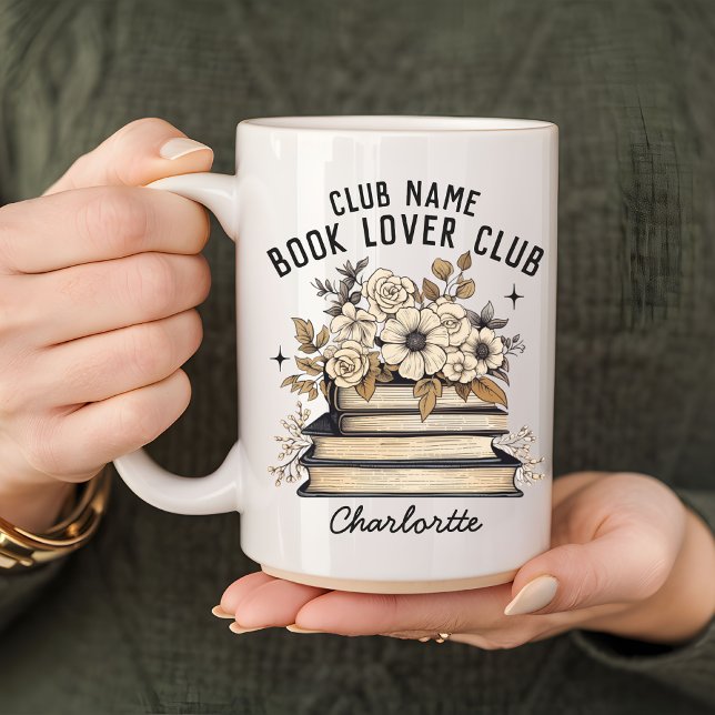Book Lover Club Boho Mug, Custom Name Gift Coffee Mug (book lover mug, personalized mug, custom name mug, book flowers mug, boho mug, student gift mug)